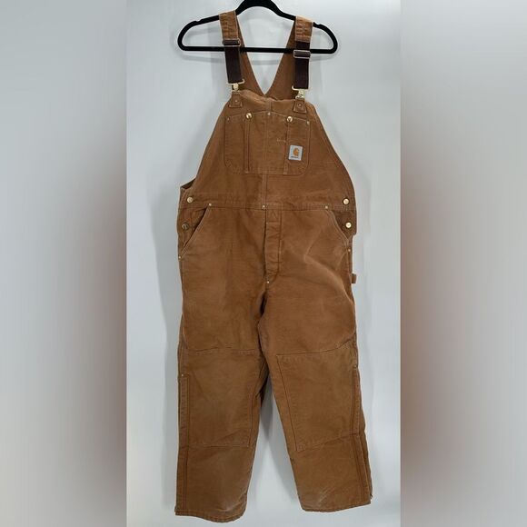 VTG Carhartt R01 BRN Mens 44x28 HEAVY DUTY Distressed Overall Bibs Double Knee - Picture 1 of 12